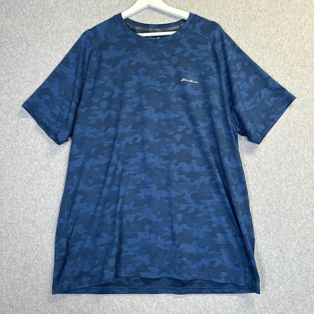 Eddie Bauer Mens Size XL Freedry Performance Shirt Blue Camp Print Short Sleeve